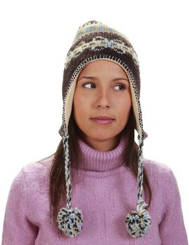 Portrait of a young woman wearing a funny hat,isolated against a white background.