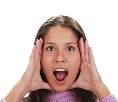 Young woman frame her face with palms 