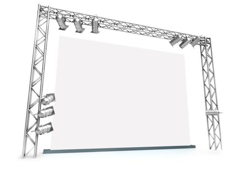 Large blank screen with lighting equipment. 3D rendered image.