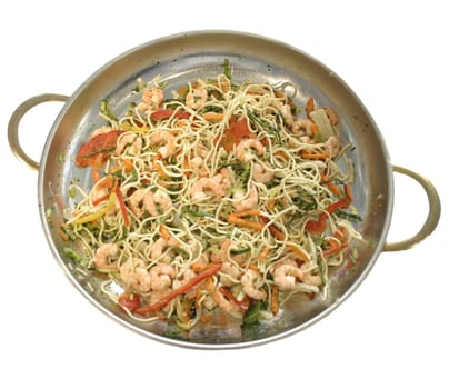 Macaroni with vegetables and shrimps
Spagetti with shrimps and vegetables in ware for supper preparation