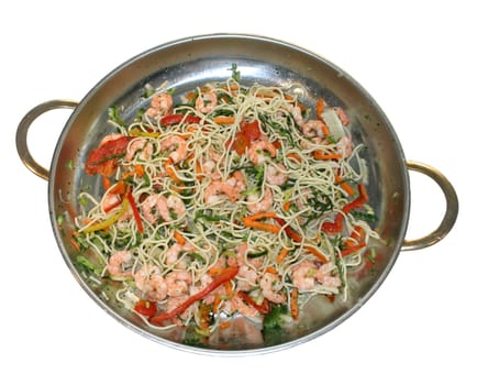 Macaroni with shrimps and vegetables in ware for supper preparation