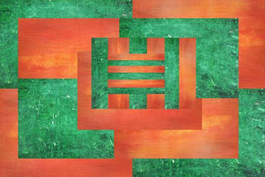 Grungy green and orange geometric grunge background with scratches. 