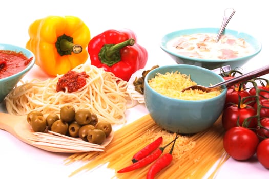Italian pasta and the ingredients to make a meal