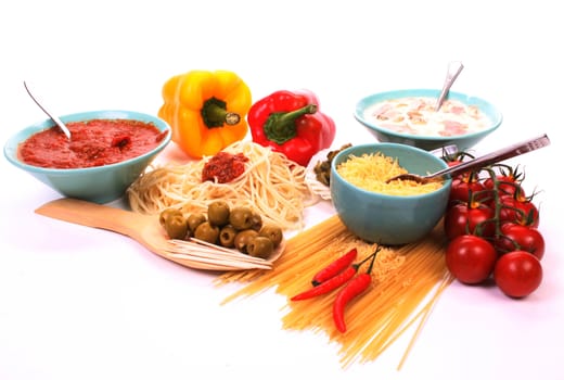 Italian pasta and the ingredients to make a meal