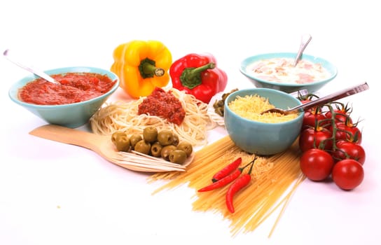 Italian pasta and the ingredients to make a meal