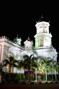 Sultan Abu Bakar Mosque at night. The mosque is located at Johore Bahru, Malaysia and was completed in 1900. The architectural style is mainly Victorian.