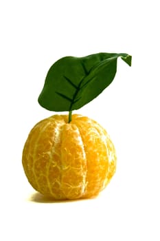 Peeled Clementine Orange with stem and leaf on white background