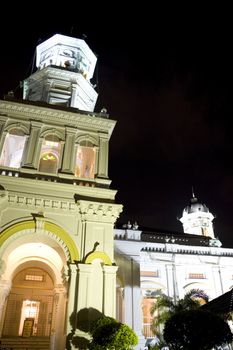 Sultan Abu Bakar Mosque at night. The mosque is located at Johore Bahru, Malaysia and was completed in 1900. The architectural style is mainly Victorian.