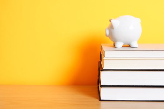 A piggy bank on top of a stack of books, good for saving for college theme