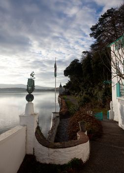 Portmerion village on the North coast of Wales in winter showing the estuary and tower