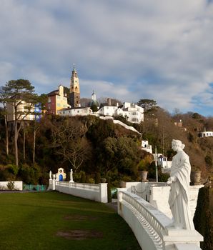 Portmerion village on the North coast of Wales in winter showing the fantasy houses
