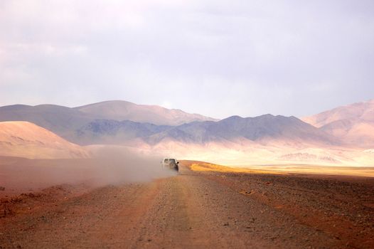 Landscape of offroad driving in the highlands of Tibet
