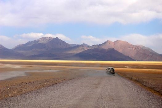 Landscape of offroad driving in the highlands of Tibet