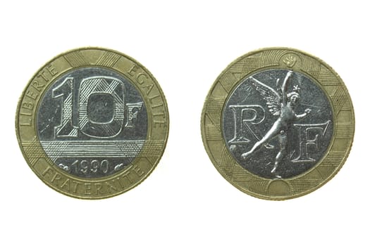 Vintage French coin isolated over a white background