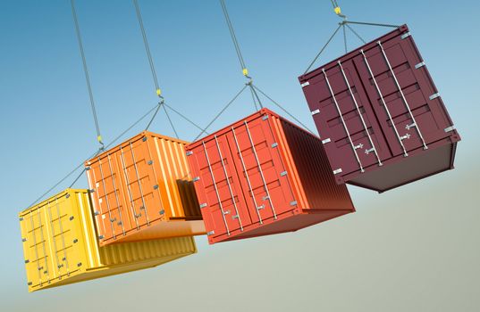 Four shipping containers during transport. 3D rendered image.