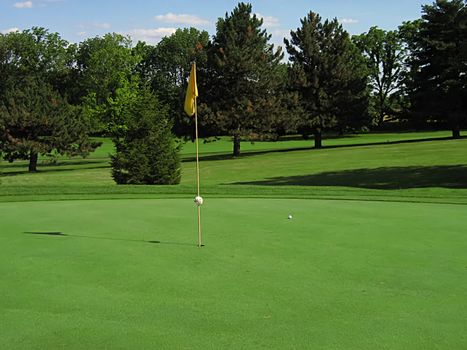 A photograph of a golf course in the afternoon.