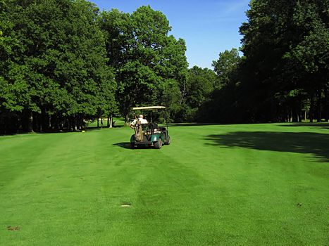 A photograph of a golf cart on a golf course.