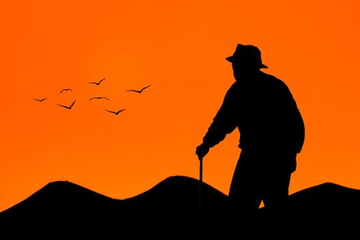 Old man walking at sunset with mountains and birds on background