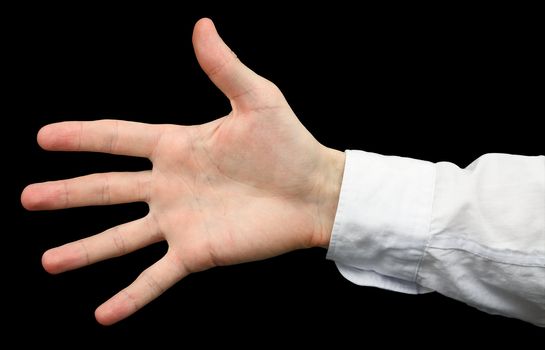 Hand with a white sleeve on black background