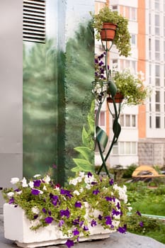 A flowerpot with violets and two pots with flowers in a city yard 
