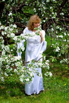 A blonde girl in white dress among white flowers
