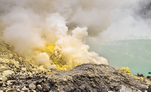 Sulfurous fumaroles in Ijen crater. Java. Indonesia