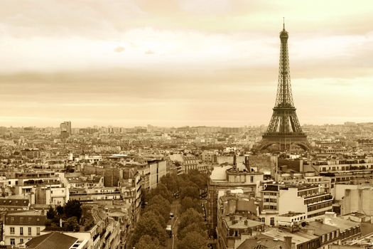 Photo of the cityscape of Paris, France. Sepia-toned.