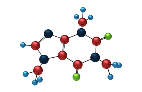 Molecule of Caffeine 3d render isolated on white