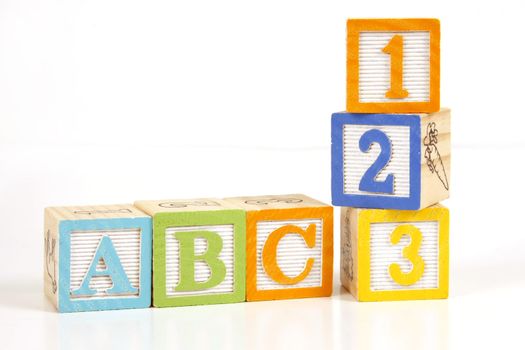 Childrens colorful blocks say abc and 123.