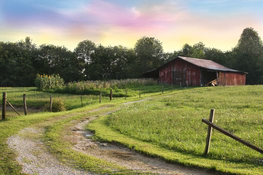 Country landscape with a red barn and sunset mixed media photo and illustration.