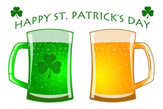 Happy St Patricks Day Glasses of Green and Draft Beer with Shamrock Illustration