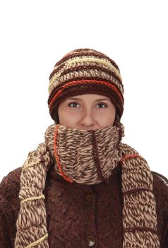 Young woman wearing knitwear clothes isolated against a white background.