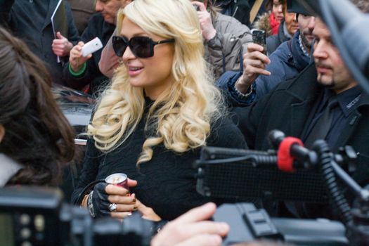 Paris Hilton in front of the Frankfurt historical stock exchange (Germany) on the way to a press-conference on February 3, 2011