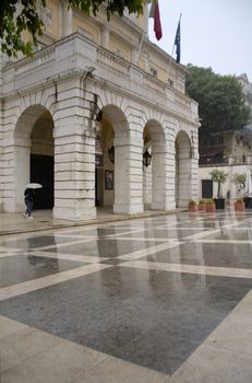 Lisbon's opera house entrance and courtyard in a rainy day