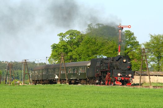 Steam retro train passing the village