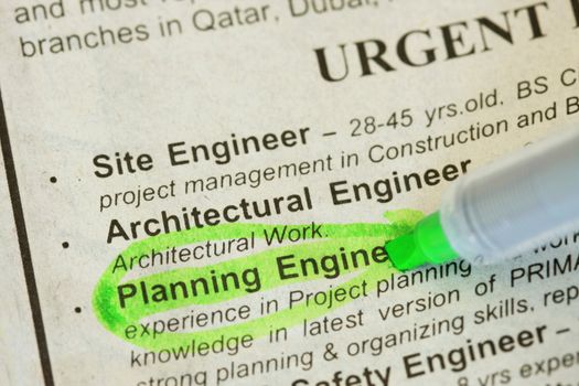 Engineer wanted in classified ads section with green highlighter.