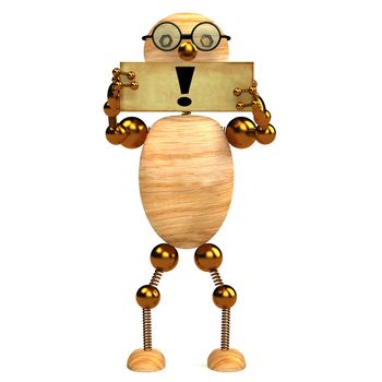 3d wood man holding blank board with exclamation  mark