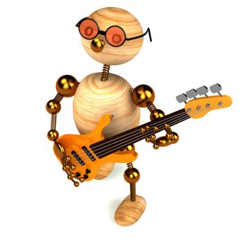 3d wood man bass guitar player isolated on white