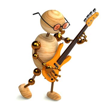 3d wood man bass guitar player isolated on white