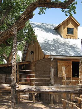 A photograph of a barn detailing its architecture.