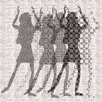 halftone raster dancing girls on dots background
