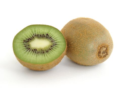 One and a half kiwi fruit on white background.