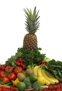 An arrangement of various fruits and vegetables on a white background.