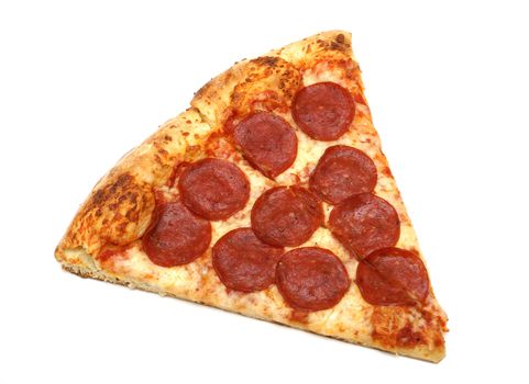 A slice of pepperoni and cheese pizza.