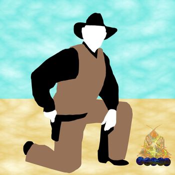 A cowboy kneeling beside a campfire in the desert.