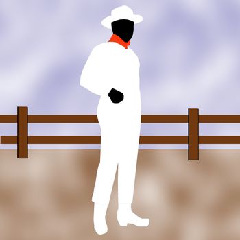 A cowboy in white standing in front of a wooden fence.