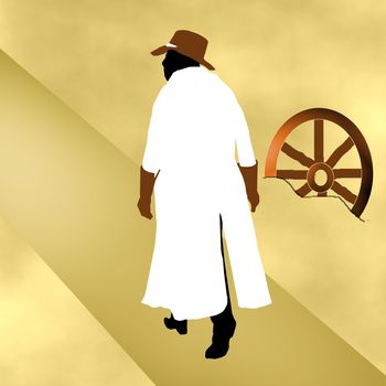 A cowboy in a white overcoat walking through the desert with an abandoned wagon wheel.