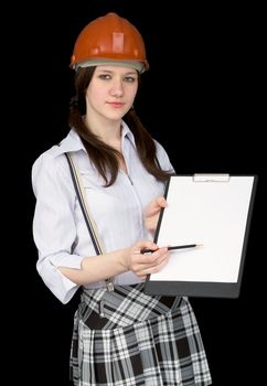 Young beautiful girl in a helmet with tablet and pencil