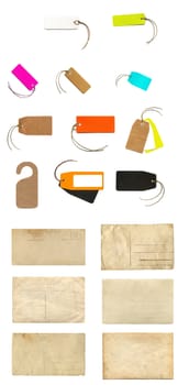 Collage of stationery items including labels, tags, envelopes and postcards