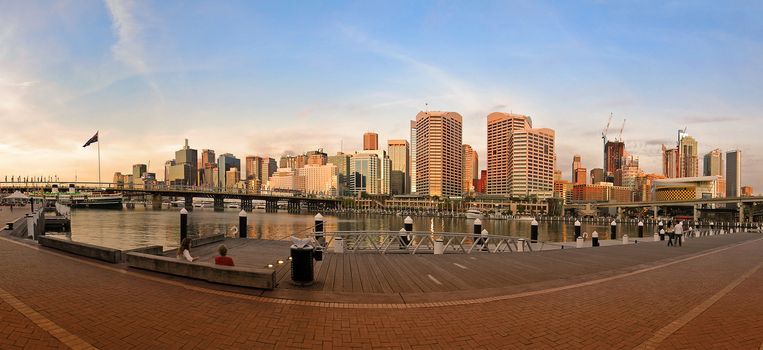 Darling Harbour in Sydney panorama, photo filter 
